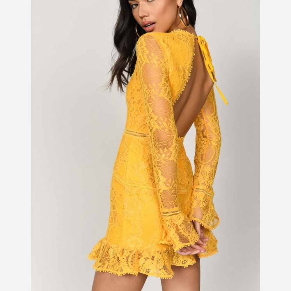 long sleeve yellow lace mini dress